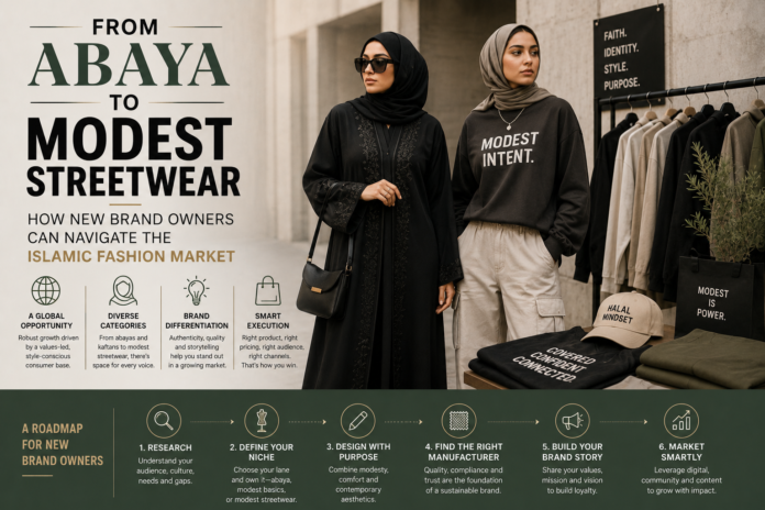 Editorial-style Islamic fashion image featuring abayas, modest streetwear outfits, contemporary Muslim fashion styling, and modern apparel branding elements.