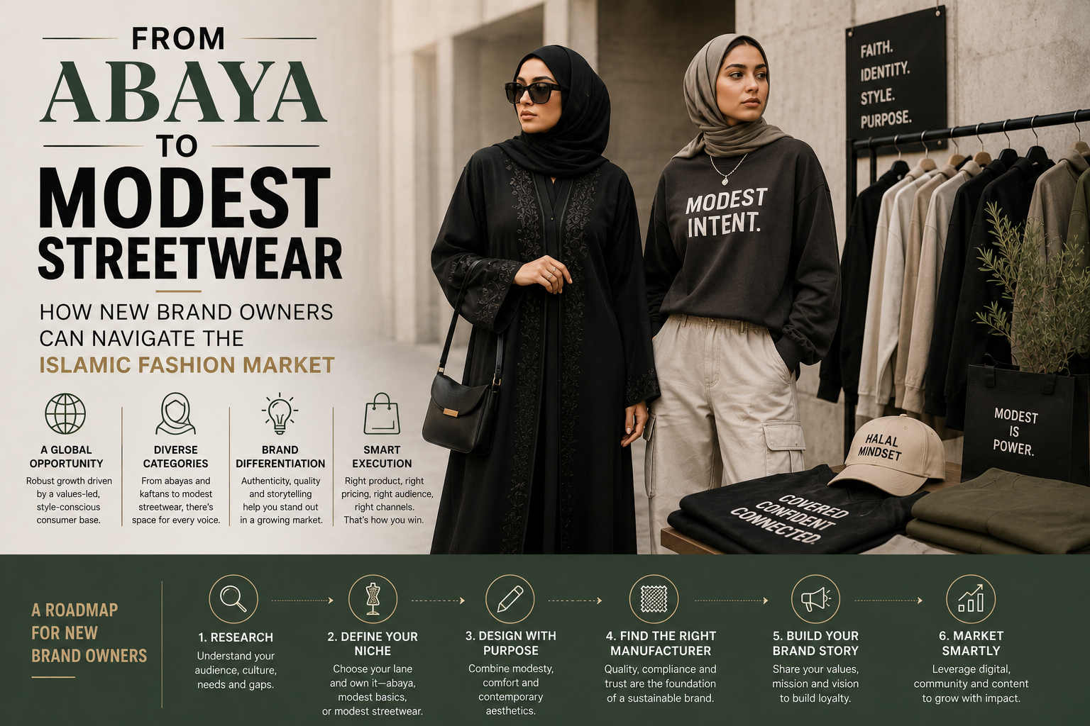 From Abaya to Modest Streetwear — How New Brand Owners Can Navigate the Islamic Fashion Market Editorial-style Islamic fashion image featuring abayas, modest streetwear outfits, contemporary Muslim fashion styling, and modern apparel branding elements.