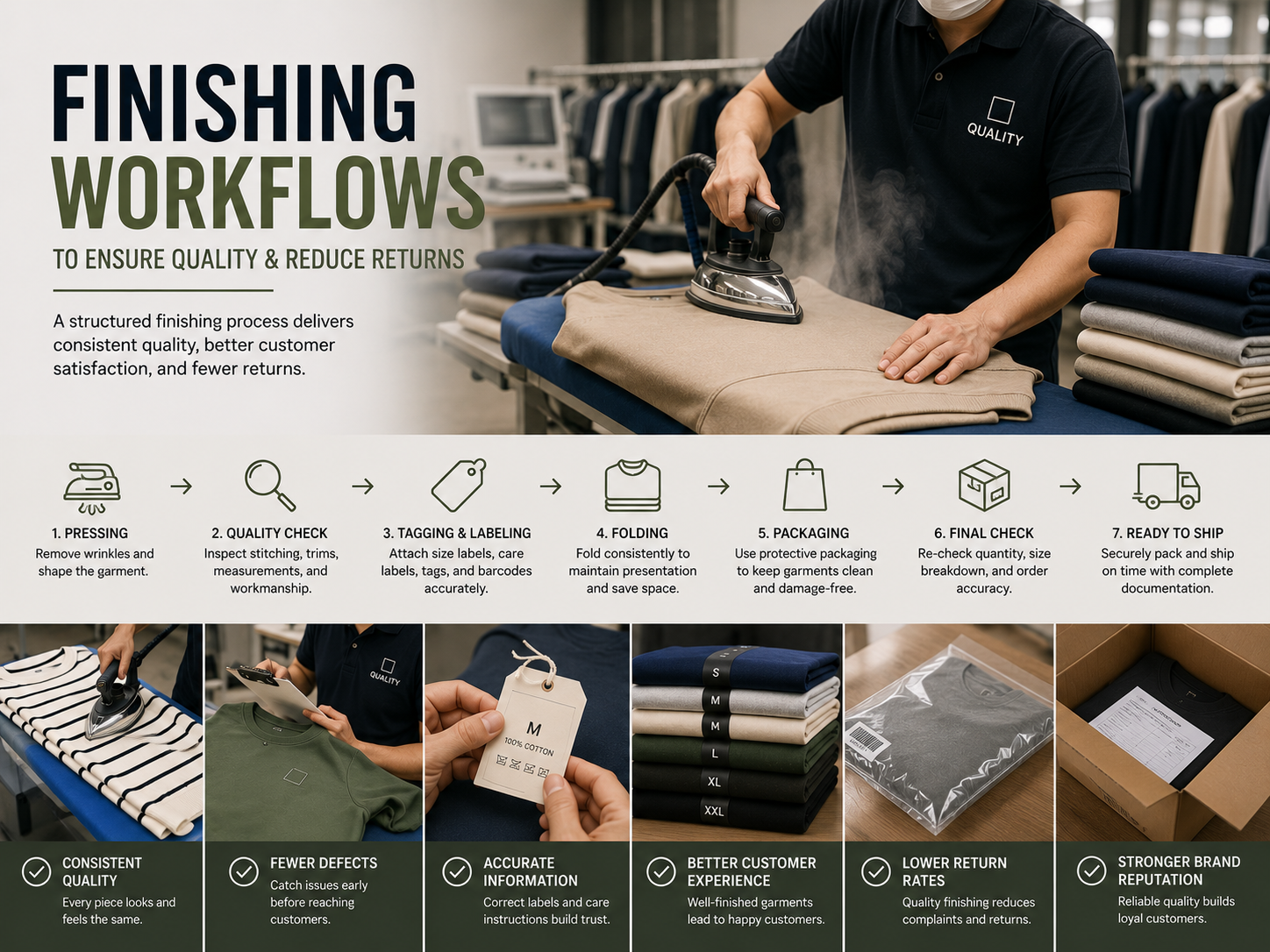 Finishing Workflows to Ensure Quality & Reduce Returns Garment finishing workflow showing seven steps — pressing, quality check, tagging and labeling, folding, packaging, final check, and ready to ship — each illustrated with an icon and a supporting photo.