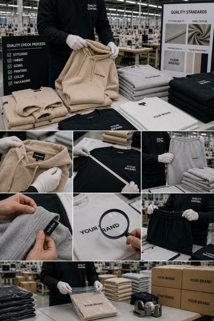 Garment quality control inspection in a clothing factory.