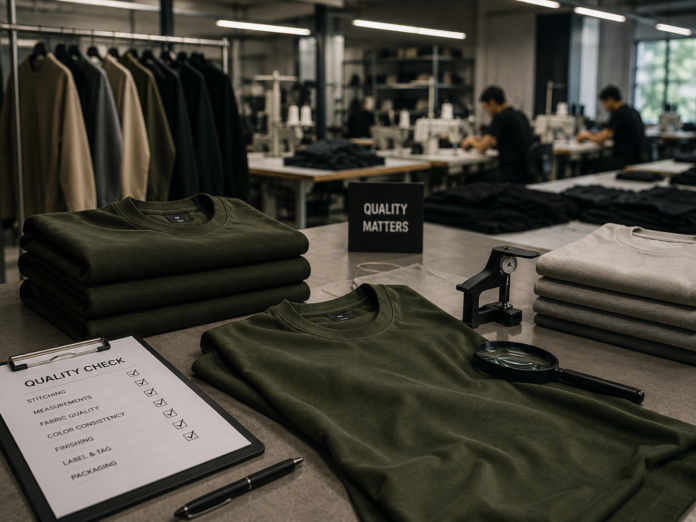 Garment quality assurance workspace with folded apparel, inspection tools, and apparel production background.