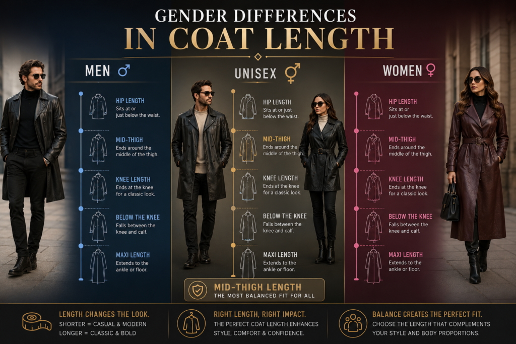 Men’s, women’s, and unisex leather coat length comparison chart showing hip, mid-thigh, knee, and maxi styles.
