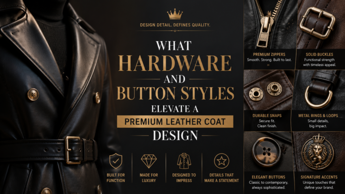 Luxury leather coat featuring premium buttons, buckles, zipper hardware, and metallic detailing for high-end outerwear manufacturing.
