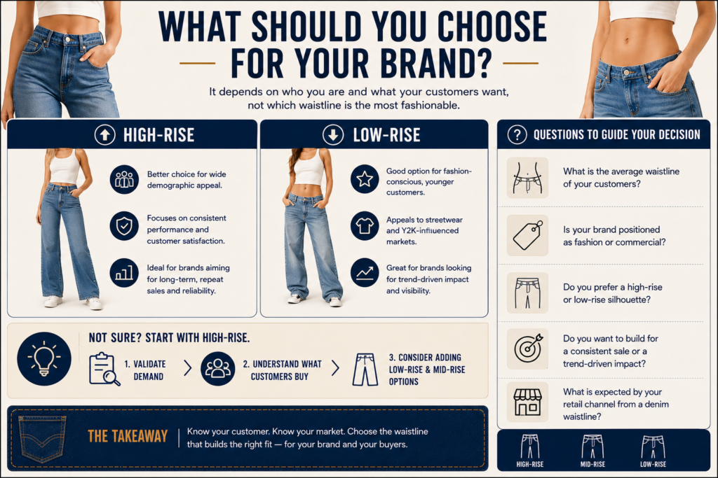 Comparison infographic showing high-rise vs low-rise denim jeans for fashion brands, featuring styling direction, target audience insights, and waistline decision questions for denim collections.