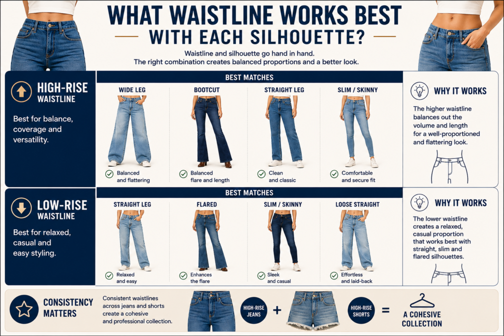 Educational denim infographic explaining which jean silhouettes work best with high-rise and low-rise waistlines, including wide leg, bootcut, straight leg, flare, and slim fits.