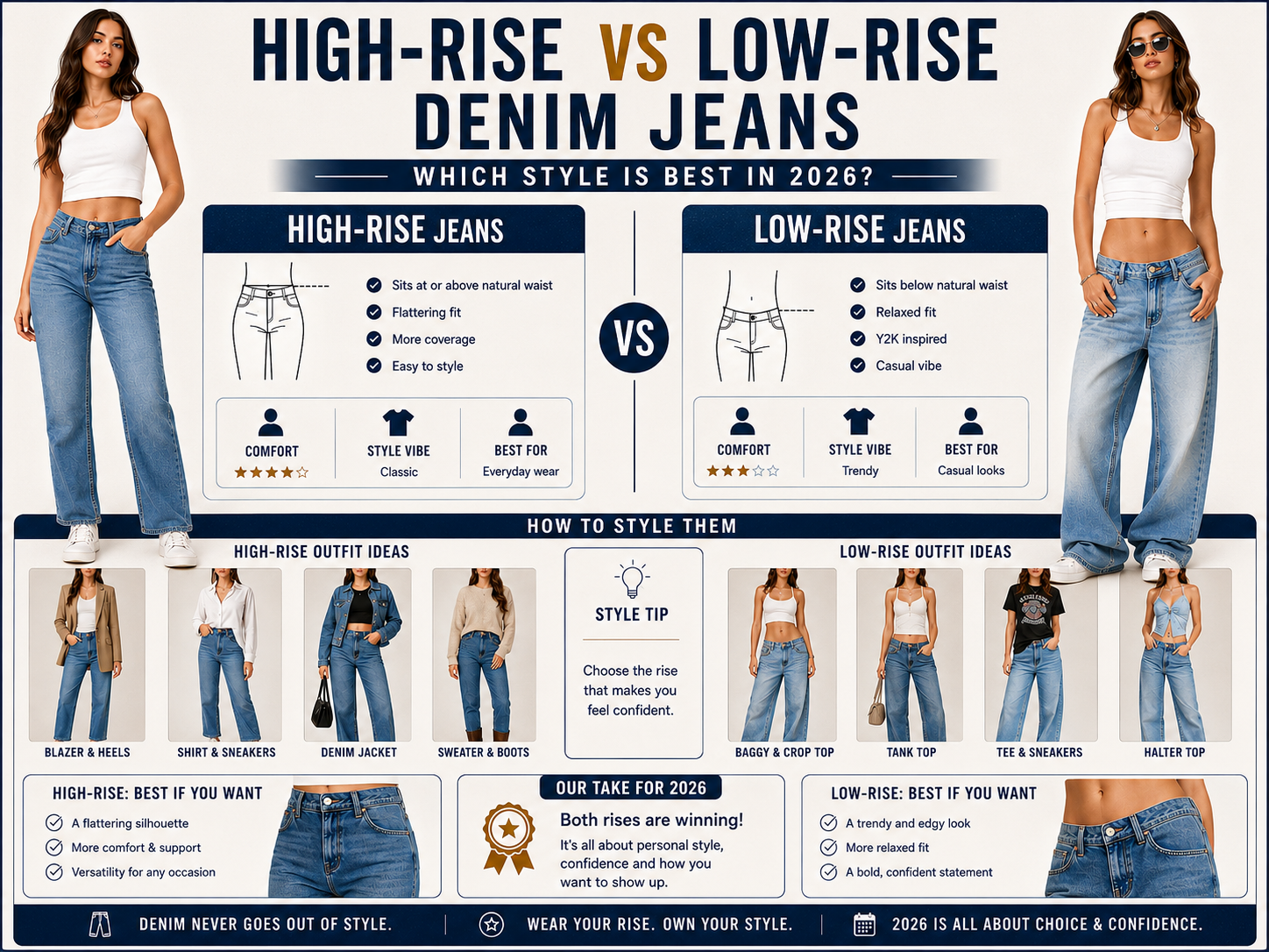 High-Rise vs Low-Rise Denim Jeans: Which Style Is Best in 2026? Fashion comparison infographic featuring high-rise and low-rise denim jeans, outfit styling ideas, comfort comparison, and denim trends for 2026.High-Rise vs Low-Rise Denim Jeans