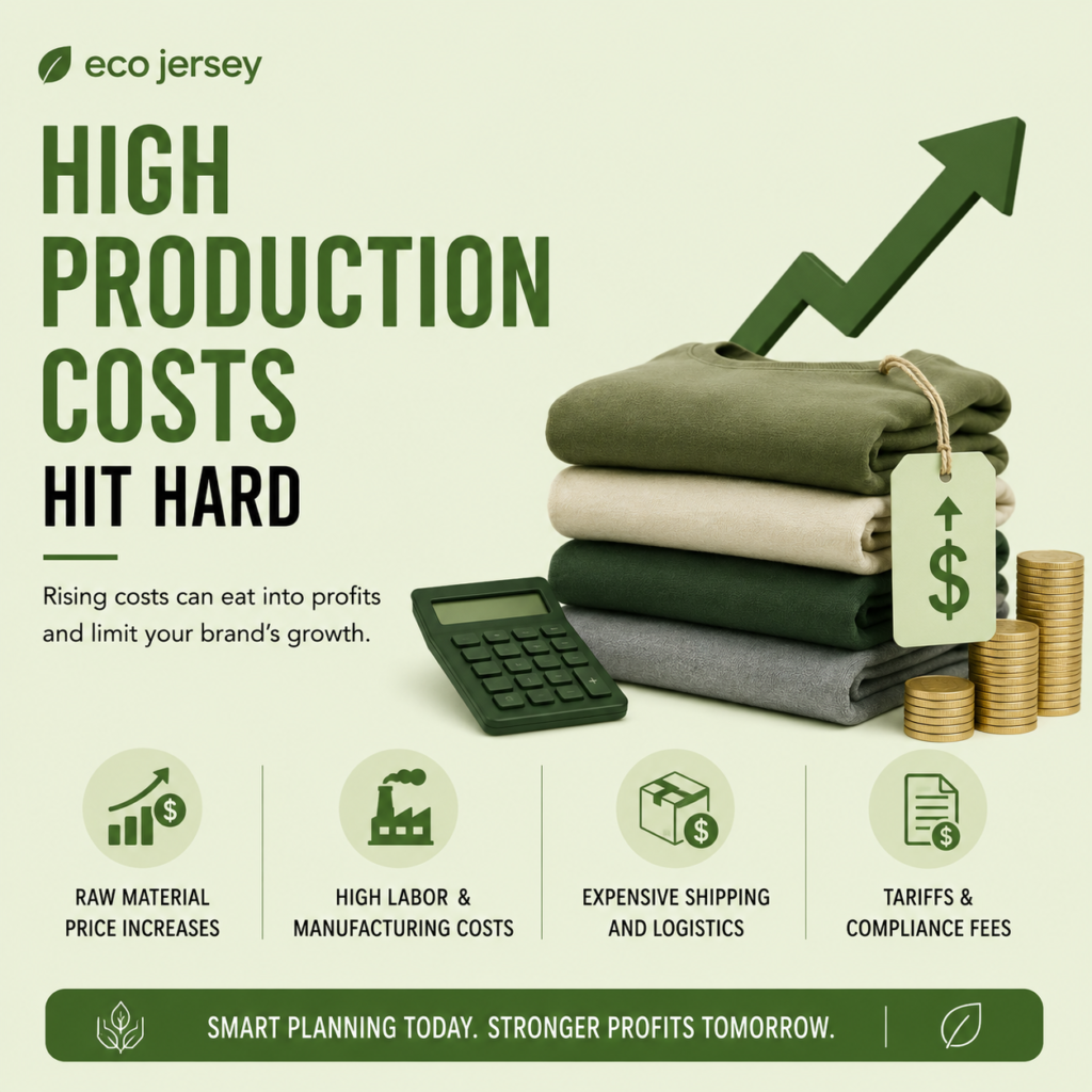 Infographic showing how high production costs affect apparel manufacturing, highlighting budget pressure, pricing challenges, and reduced profit margins.