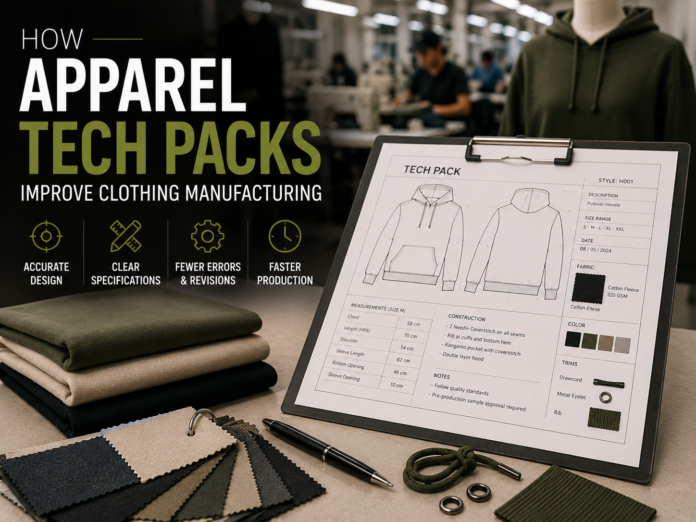 A clipboard with a tech pack for a pullover hoodie sits among fabric swatches in green, beige, and black, with a blurred factory background showing workers and a mannequin wearing a green hoodie.