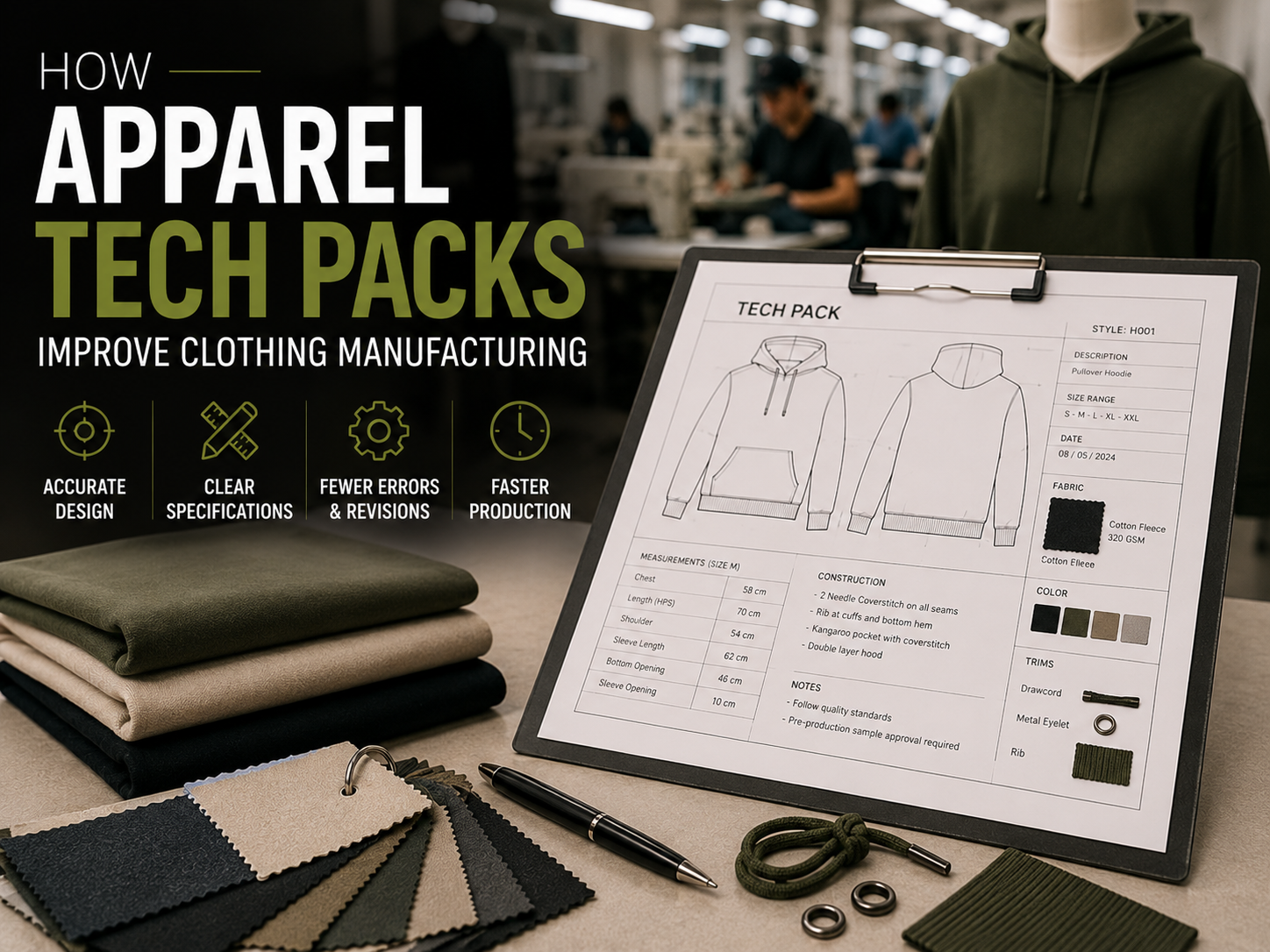 How Apparel Tech Packs Improve Clothing Manufacturing A clipboard with a tech pack for a pullover hoodie sits among fabric swatches in green, beige, and black, with a blurred factory background showing workers and a mannequin wearing a green hoodie.