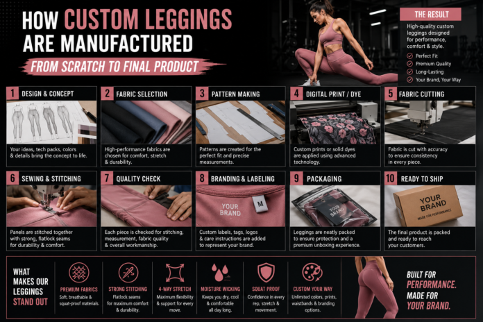 Modern leggings manufacturing process infographic featuring custom activewear production stages, fabric selection, pattern making, stitching, branding, and packaging in a premium editorial-style layout.