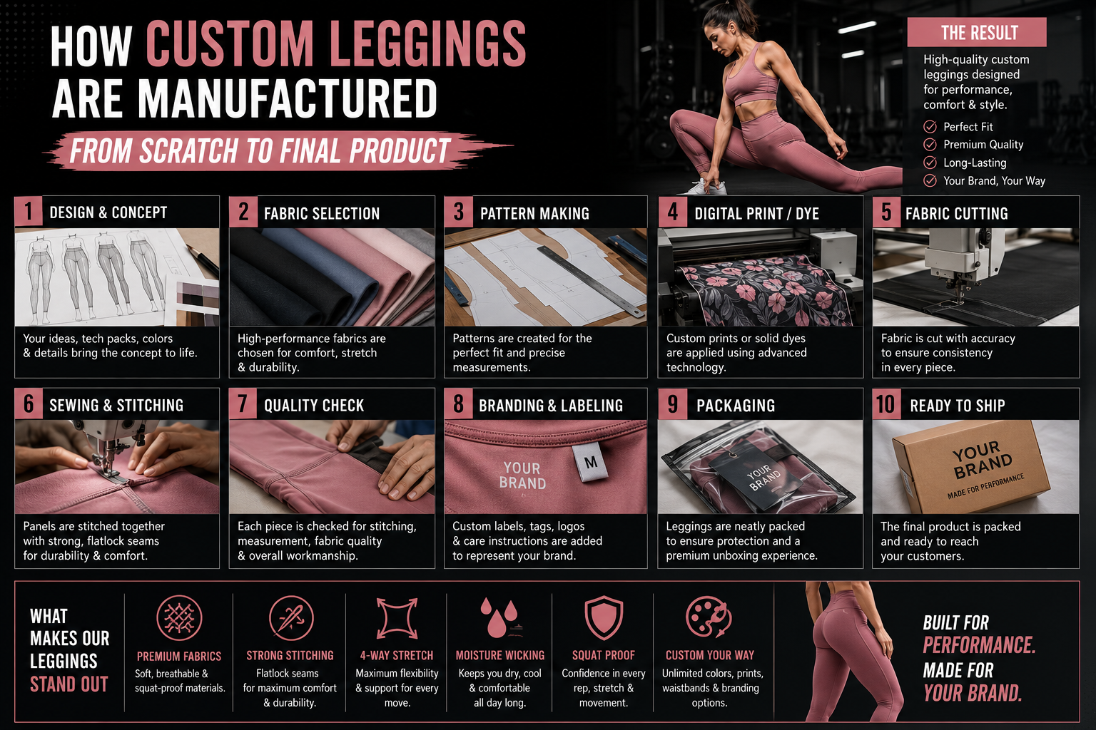 How Custom Leggings Are Manufactured From Scratch to Final Product Modern leggings manufacturing process infographic featuring custom activewear production stages, fabric selection, pattern making, stitching, branding, and packaging in a premium editorial-style layout.