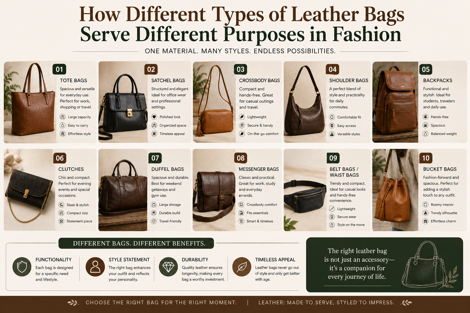 How Different Types of Leather Bags Serve Different Purposes in Fashion Infographic showcasing different types of leather bags including tote bags, satchels, crossbody bags, backpacks, clutches, and duffel bags designed for various fashion and lifestyle purposes.