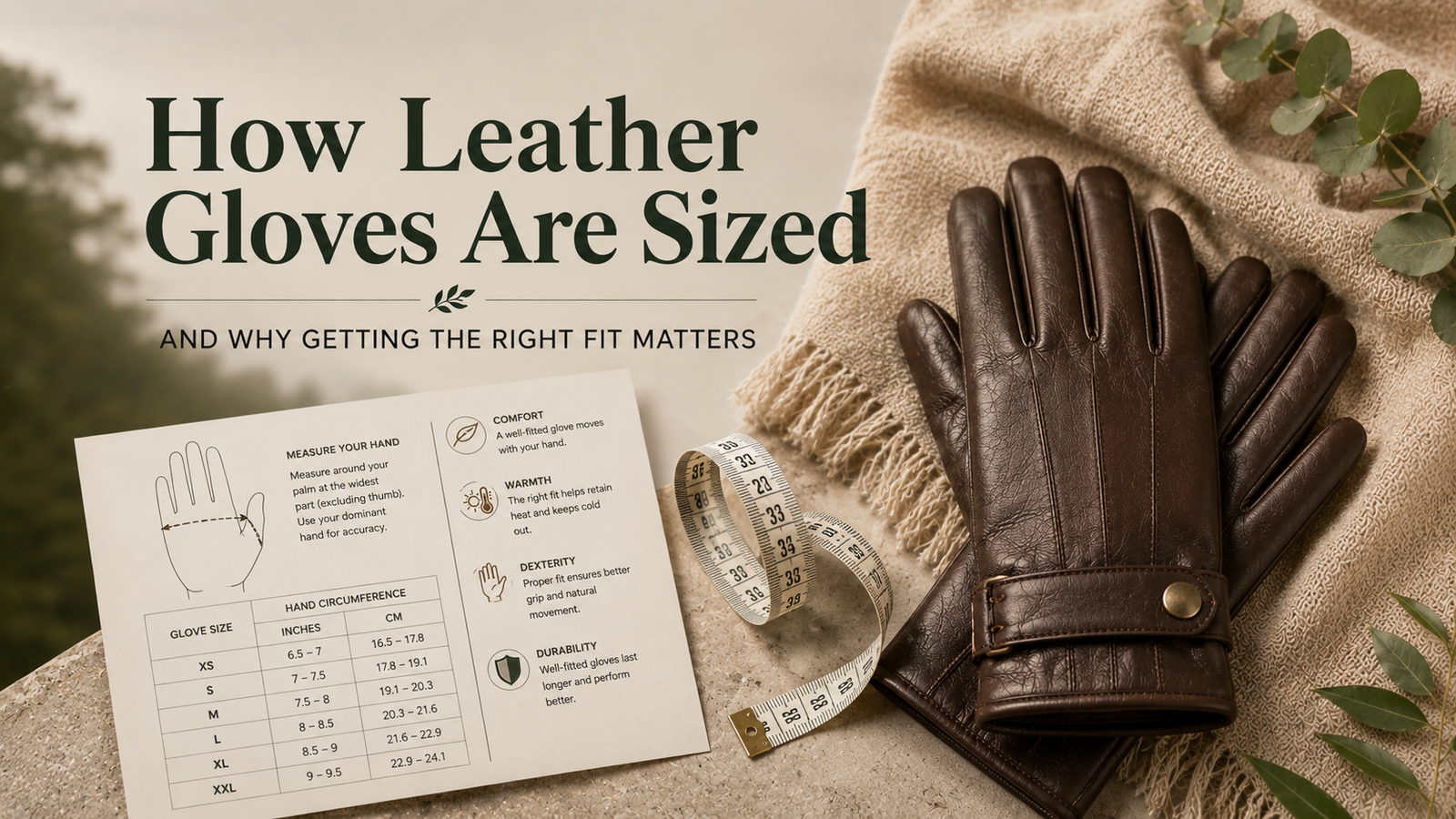 How Leather Gloves Are Sized and Why Getting the Right Fit Matters Leather glove sizing guide featuring premium brown leather gloves, measuring tape, and hand measurement chart in a clean editorial layout with neutral eco-inspired styling.
