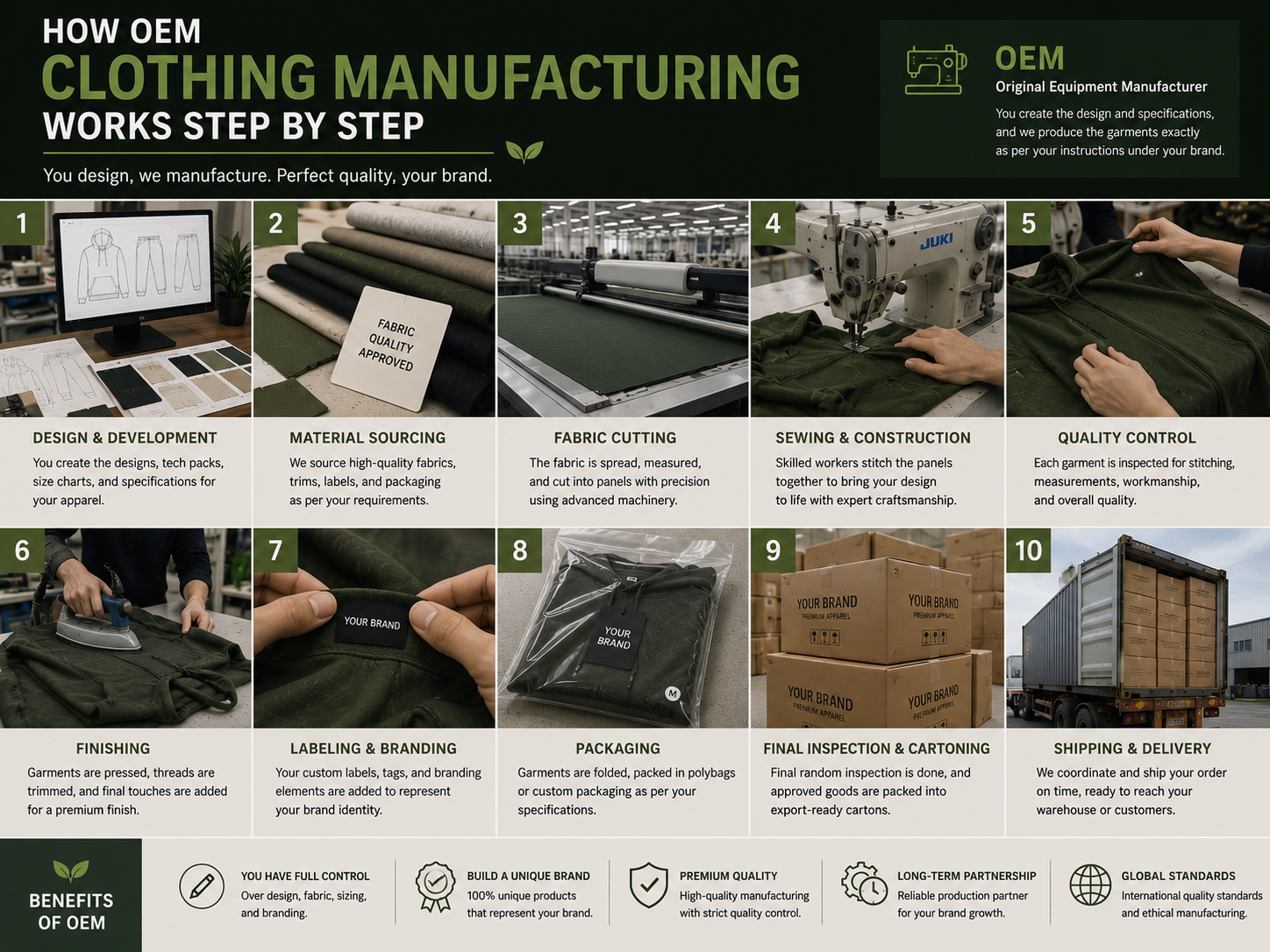 How OEM Clothing Manufacturing Works Step by Step Infographic showing how OEM clothing manufacturing works, with the brand providing the design and the manufacturer handling production.
