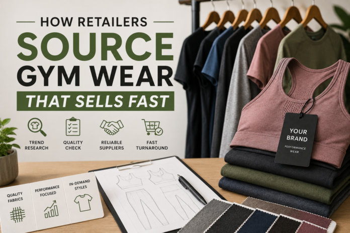 Modern retail gym wear sourcing scene featuring activewear apparel, fabric swatches, product sketches, and branded fitness clothing in a clean editorial-style layout.