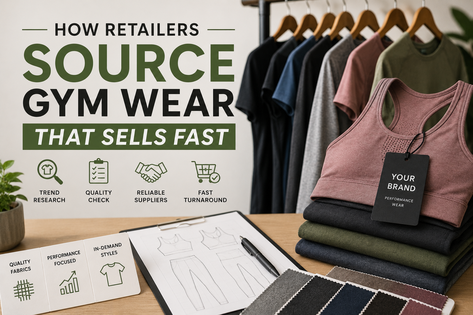 How Retailers Source Gym Wear That Sells Fast Modern retail gym wear sourcing scene featuring activewear apparel, fabric swatches, product sketches, and branded fitness clothing in a clean editorial-style layout.