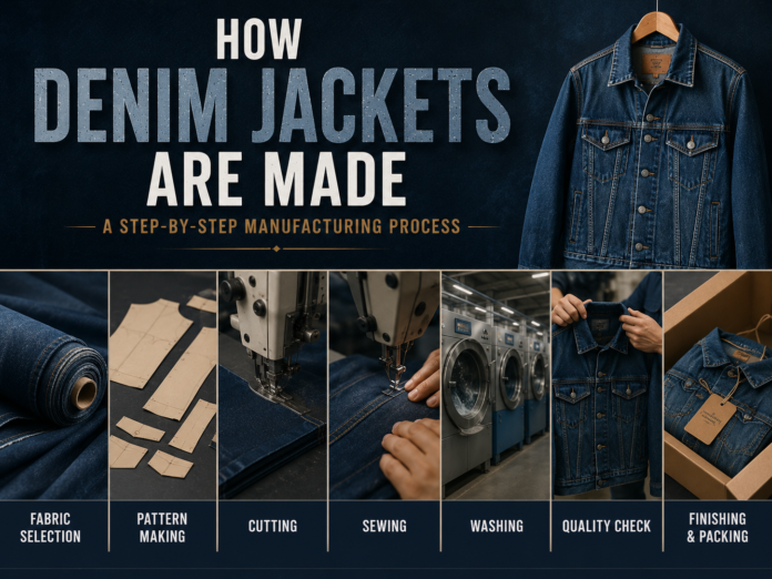 Denim jacket manufacturing process with fabric cutting, sewing, washing, quality checking, and finishing stages.