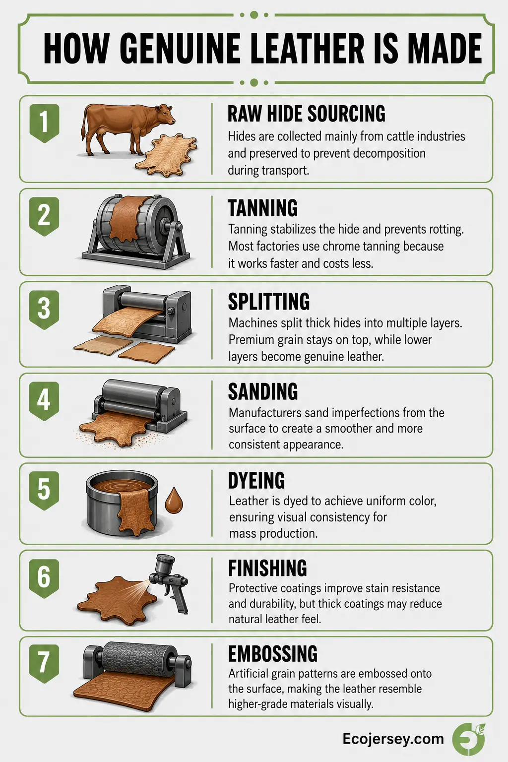 Infographic showing the step-by-step process of how genuine leather is made, from raw hide sourcing to embossing