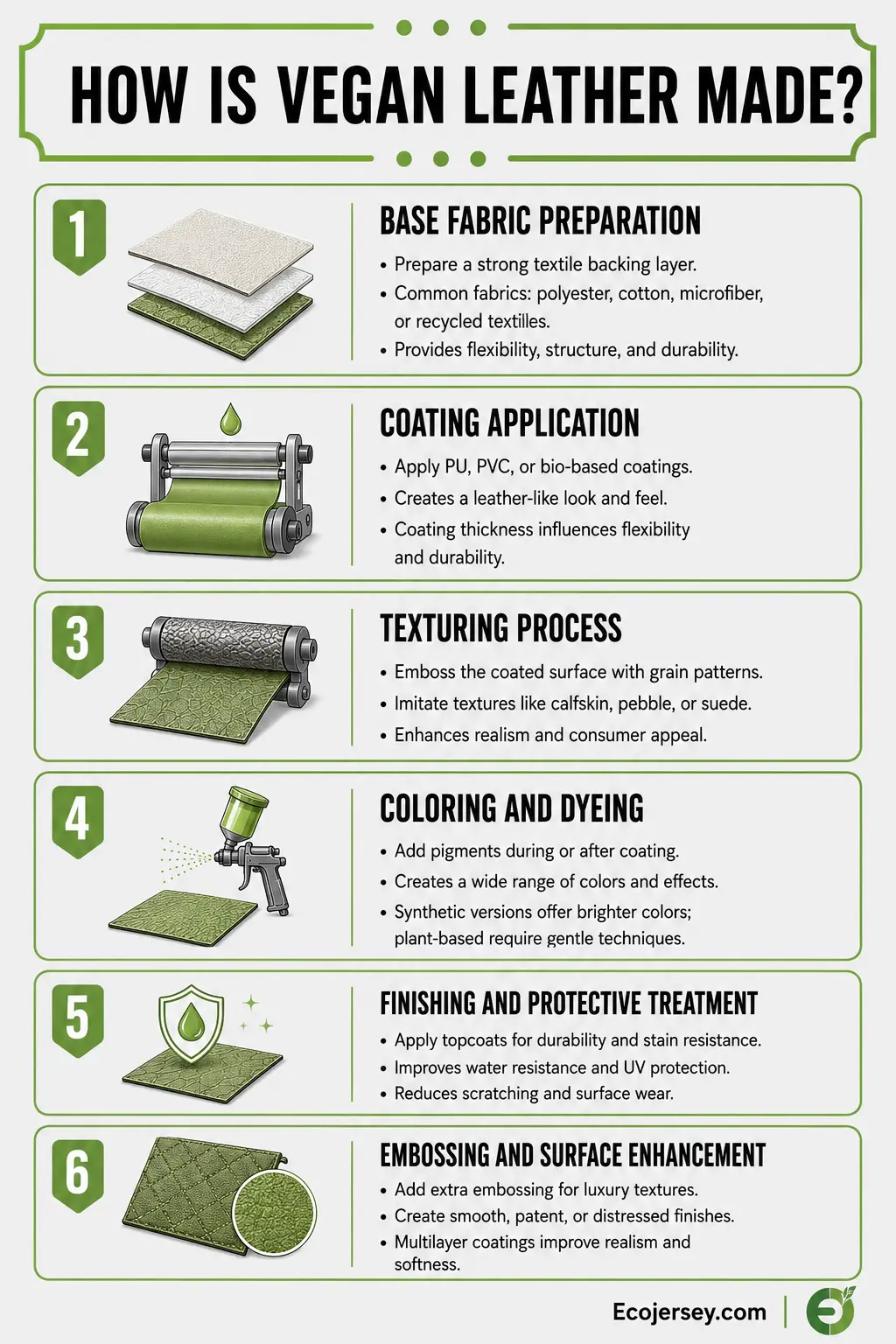 Infographic showing the step-by-step process of how vegan leather is manufactured