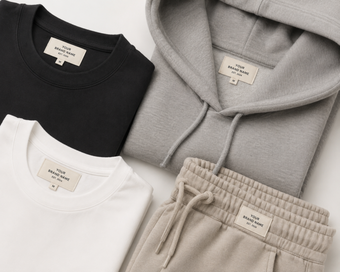 Professional flat lay of folded premium garments with custom clothing labels on a white background, showcasing how private label manufacturing works for modern fashion brands.