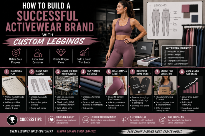 Modern activewear branding infographic featuring custom leggings development, fitness apparel design, fabric selection, and brand-building elements in a premium editorial-style layout.