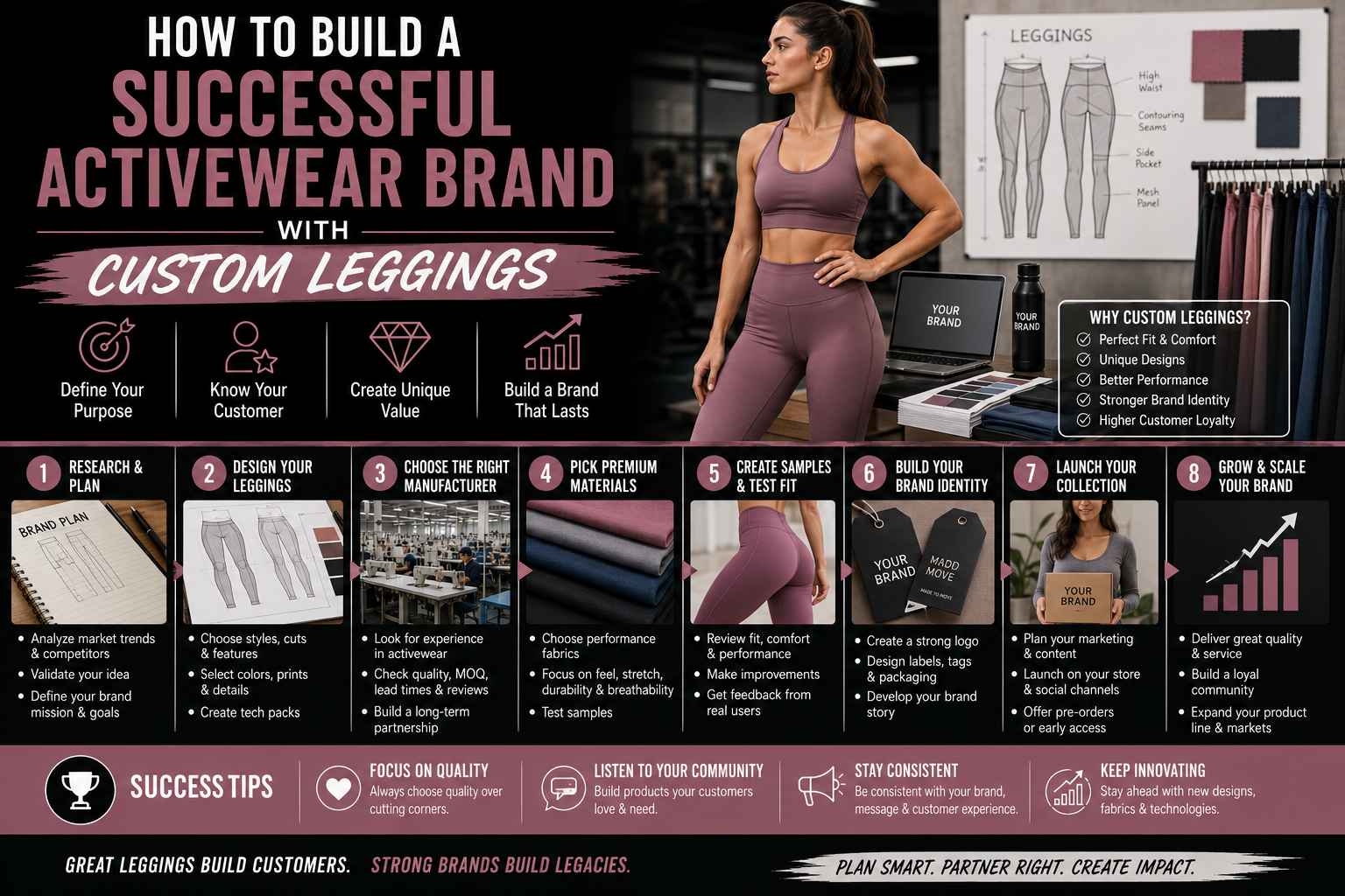 How to Build a Successful Activewear Brand With Custom Leggings Modern activewear branding infographic featuring custom leggings development, fitness apparel design, fabric selection, and brand-building elements in a premium editorial-style layout.