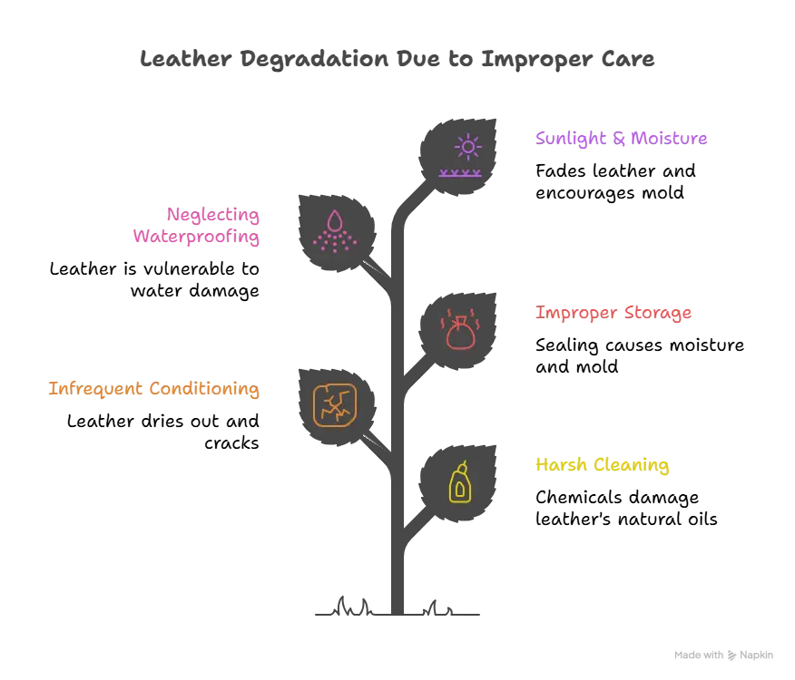 Infographic showing common causes of leather degradation due to improper care and maintenance