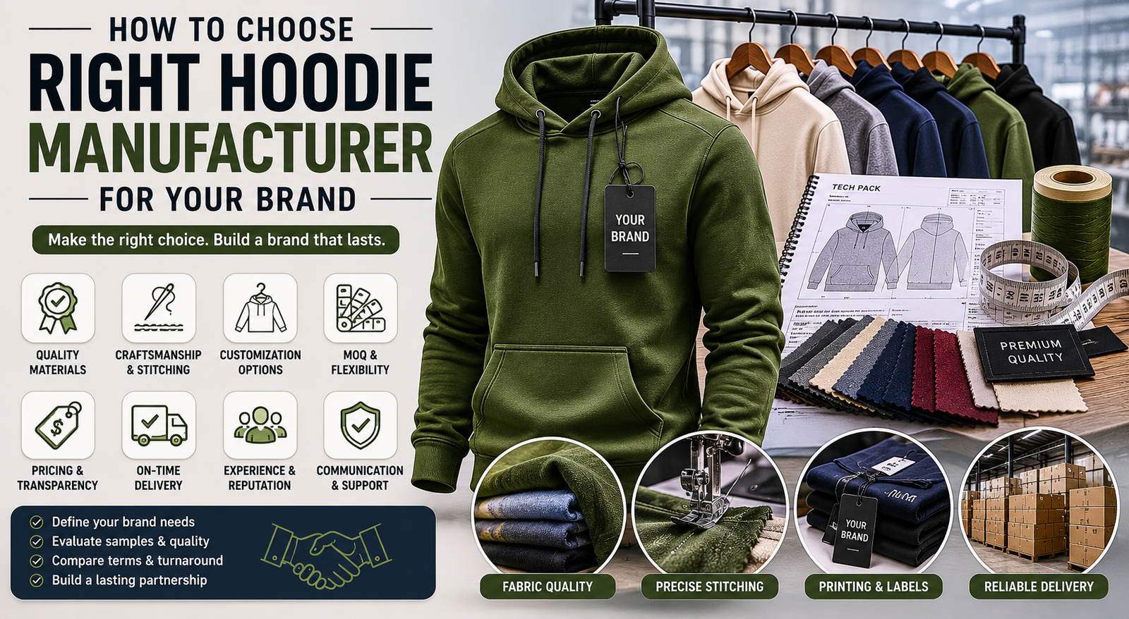 How to Choose the Right Hoodie Manufacturer for Your Brand Modern hoodie manufacturing scene featuring premium hoodies, fabric swatches, tech pack sketches, and apparel production details in a clean editorial-style layout.
