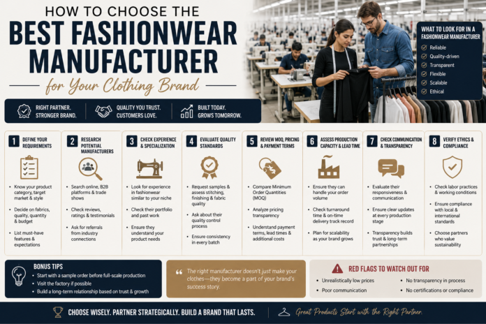Modern fashionwear manufacturing infographic featuring clothing production, apparel quality control, fabric sourcing, and brand development in a clean editorial-style layout.