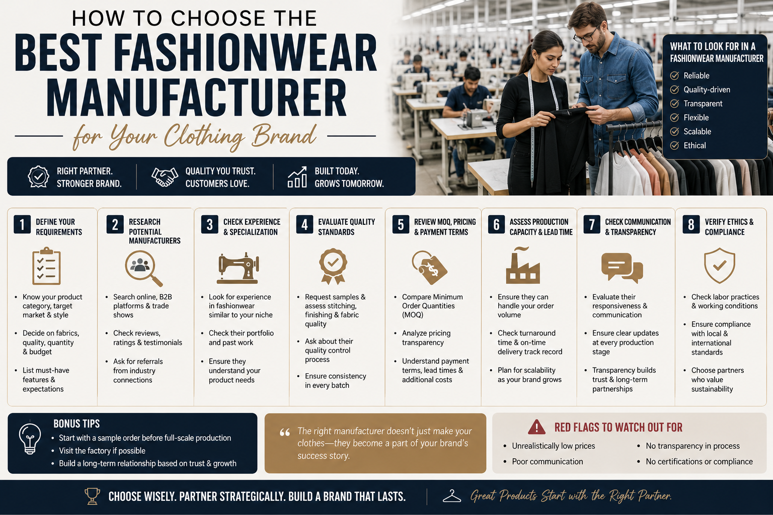 How to Choose the Best Fashionwear Manufacturer for Clothing Brand Modern fashionwear manufacturing infographic featuring clothing production, apparel quality control, fabric sourcing, and brand development in a clean editorial-style layout.