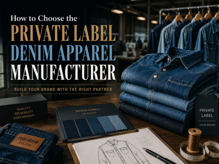 Private label denim apparel manufacturing workspace with denim shirts, fabric swatches, and production materials.