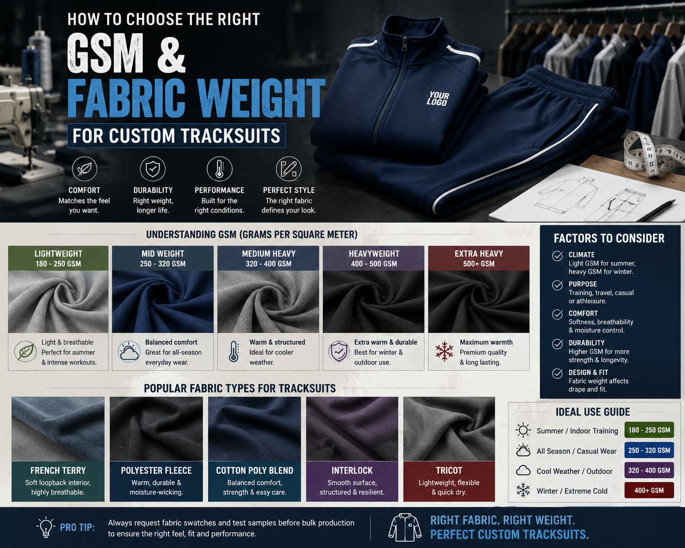How to Choose the Right GSM & Fabric Weight for Custom Tracksuits Tracksuit fabric GSM and fabric weight comparison chart showing lightweight, medium, and heavyweight materials for custom sportswear manufacturing.