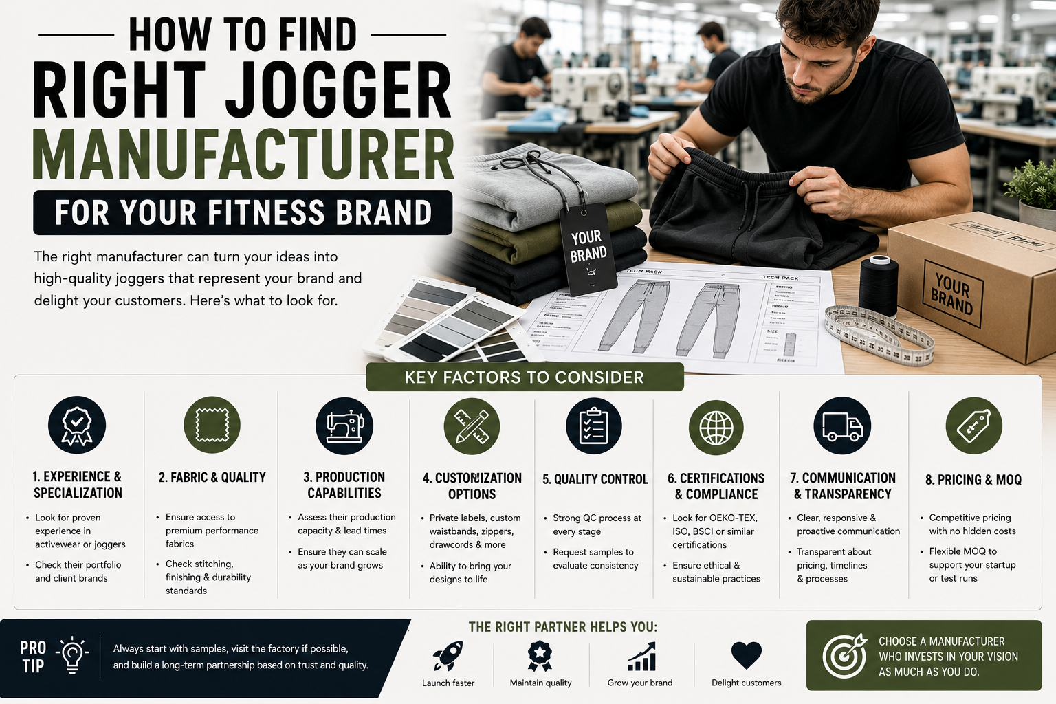 How to Find Right Jogger Manufacturer for Your Fitness Brand Modern jogger manufacturing scene featuring premium joggers, tech pack sketches, fabric swatches, and apparel production elements in a clean editorial-style layout.