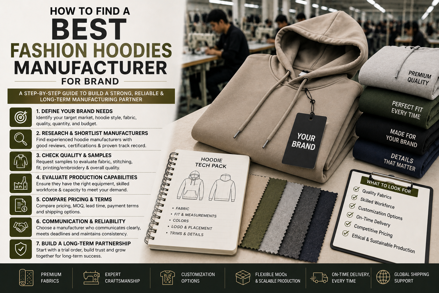How to Find the Best Fashion Hoodies Manufacturer for Your Brand Premium fashion hoodie manufacturing image featuring heavyweight hoodies, fabric swatches, apparel sketches, and modern clothing production workspace details.