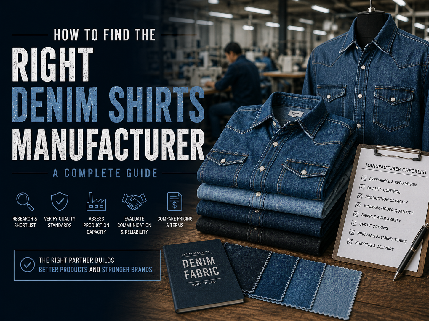 How to Find the Right Denim Shirts Manufacturer A Complete Guide Denim shirts manufacturing setup with folded denim shirts, fabric swatches, and apparel sourcing materials.