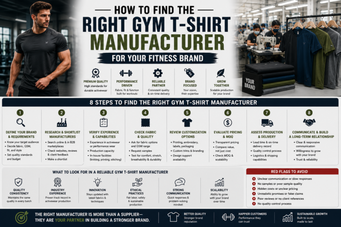 Modern gym T-shirt manufacturing scene featuring premium activewear samples, fabric swatches, production sketches, and fitness apparel branding in a clean editorial-style layout.