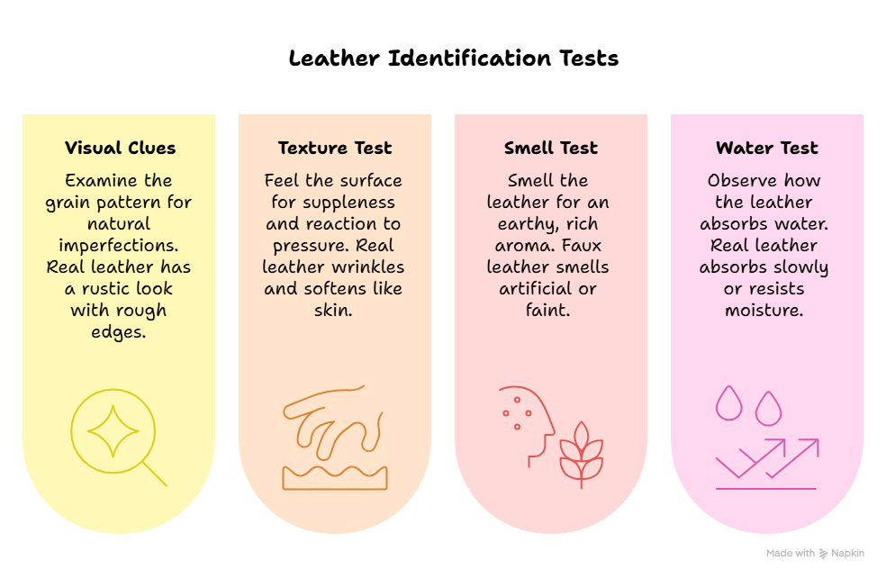 Infographic showing four tests to identify real leather: visual clues, texture, smell, and water absorption