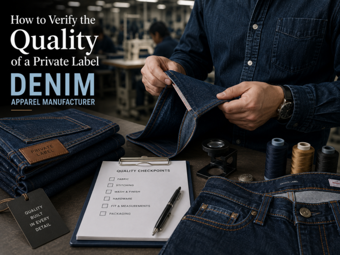 Denim quality inspection process for private label apparel manufacturing inside a modern production facility.