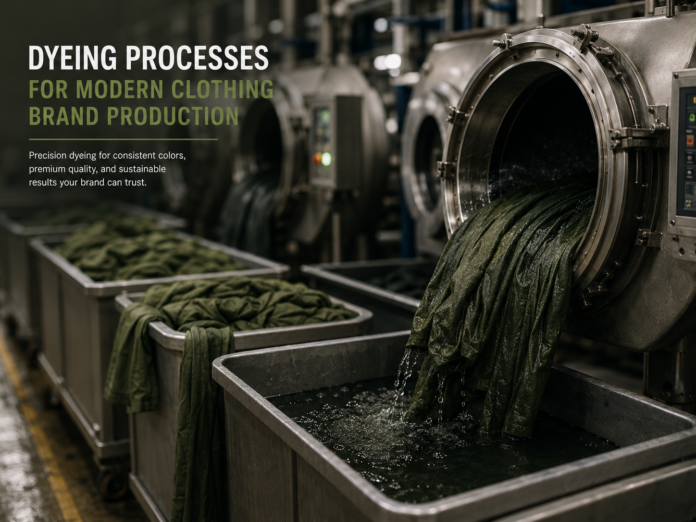 Industrial garment dyeing process with fabric dyeing machines inside a modern apparel manufacturing facility.