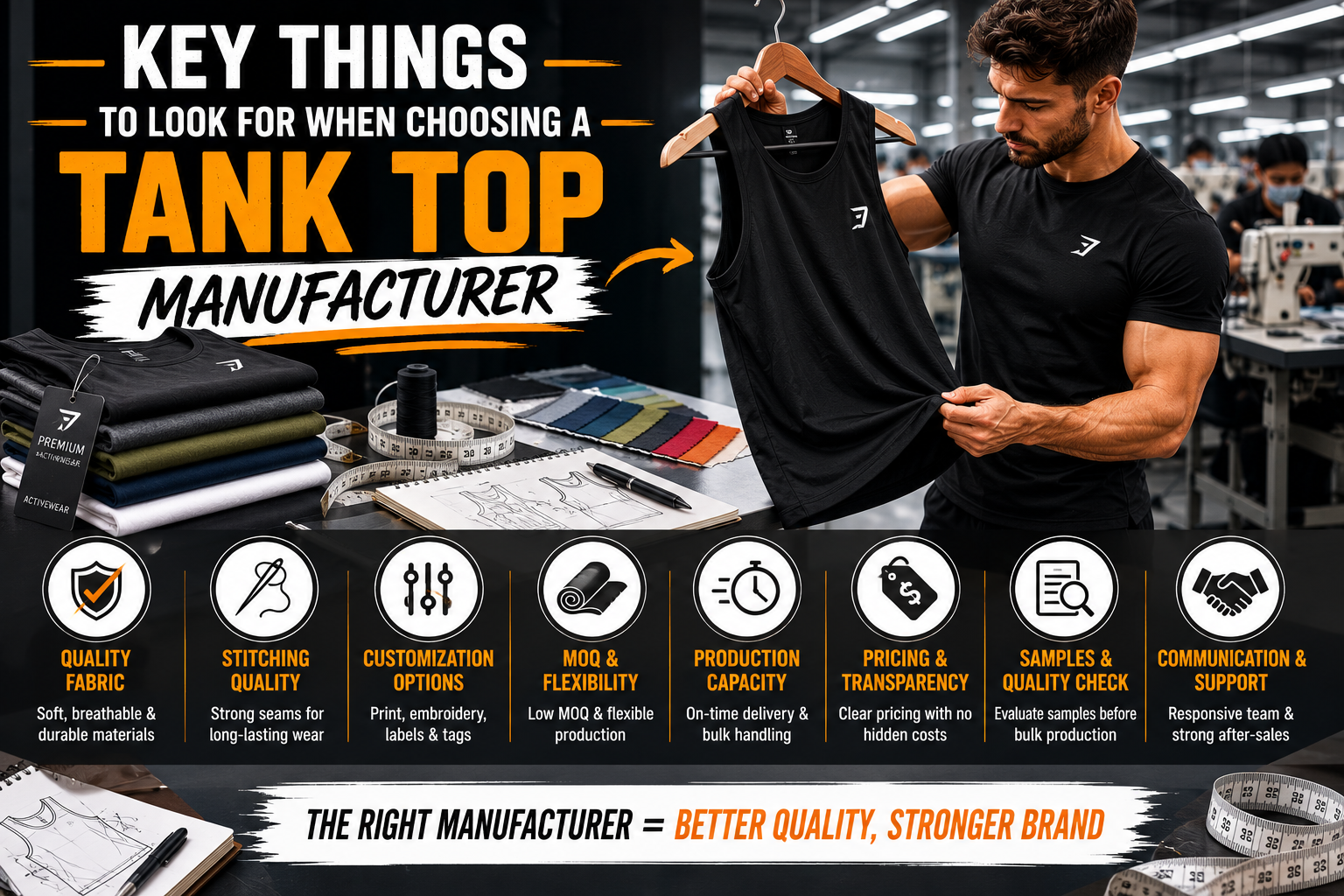 Key Things to Look for When Choosing a Tank Top Manufacturer Modern tank top manufacturing scene featuring premium gym tank tops, fabric swatches, production details, and activewear branding in a bold editorial-style layout.
