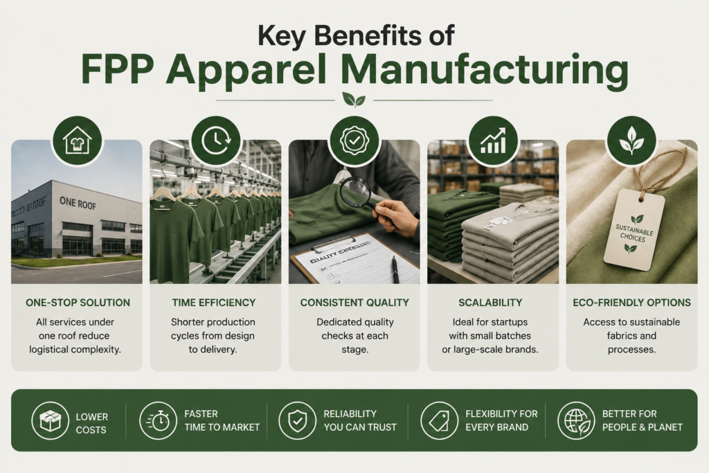 Infographic highlighting the key benefits of FPP apparel manufacturing, including one-stop production solutions, faster turnaround times, quality control, scalability for clothing brands, and sustainable manufacturing options in a modern garment factory setting.
