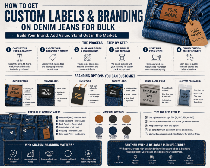 Infographic showing the process of adding custom labels and branding to denim jeans in bulk production, including leather patches, woven labels, hangtags, packaging, and branding placement options. Labels & Branding on Denim Jeans