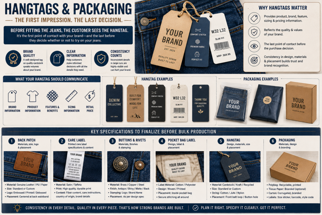 Denim branding infographic featuring custom hangtags, packaging examples, care labels, rivets, back patches, and packaging specifications for bulk denim production.