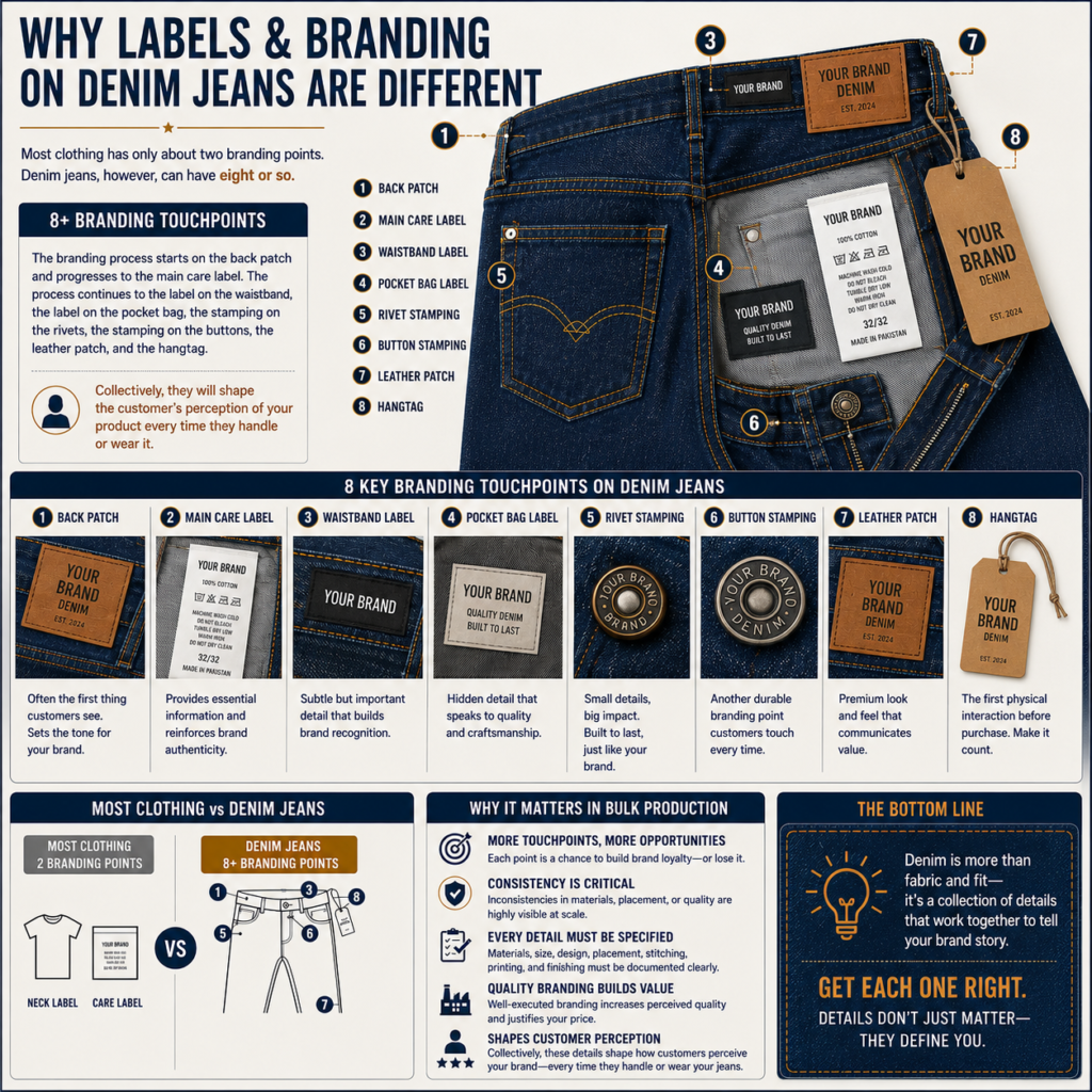 Detailed denim branding infographic illustrating eight branding touchpoints on jeans, including leather patches, care labels, waistband labels, rivet stamping, button branding, and hangtags.