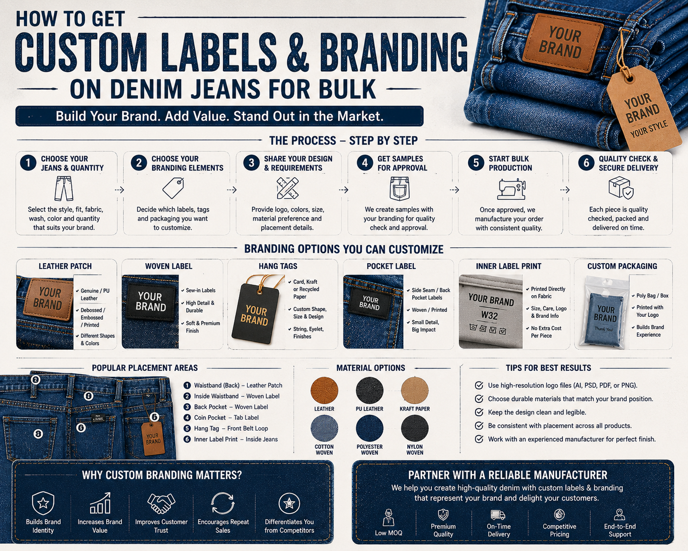 How to Get Custom Labels & Branding on Denim Jeans For Bulk Infographic showing the process of adding custom labels and branding to denim jeans in bulk production, including leather patches, woven labels, hangtags, packaging, and branding placement options. Labels & Branding on Denim Jeans