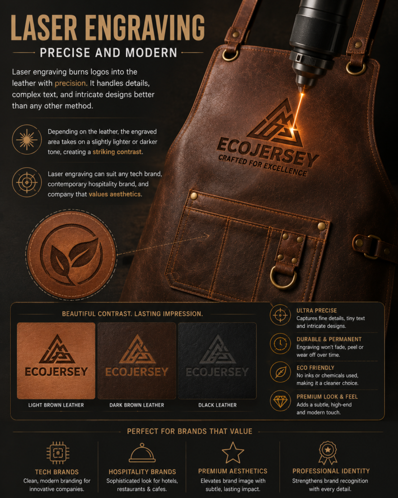 Laser engraving process on a leather apron featuring ECOJERSEY logo engraving, precision laser detailing, and premium engraved leather branding samples.
