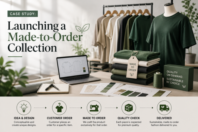 Made-to-order clothing collection setup with garment samples, sustainable fabrics, apparel design workspace, and custom production workflow.