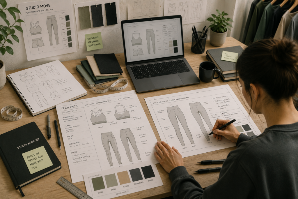 Fashion designer creating activewear tech packs with garment sketches, fabric swatches, sizing details, and apparel development documents on a studio desk.