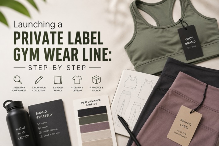 Modern gym wear branding scene featuring private label activewear, fabric samples, and fitness apparel in a clean editorial-style layout with minimal typography.