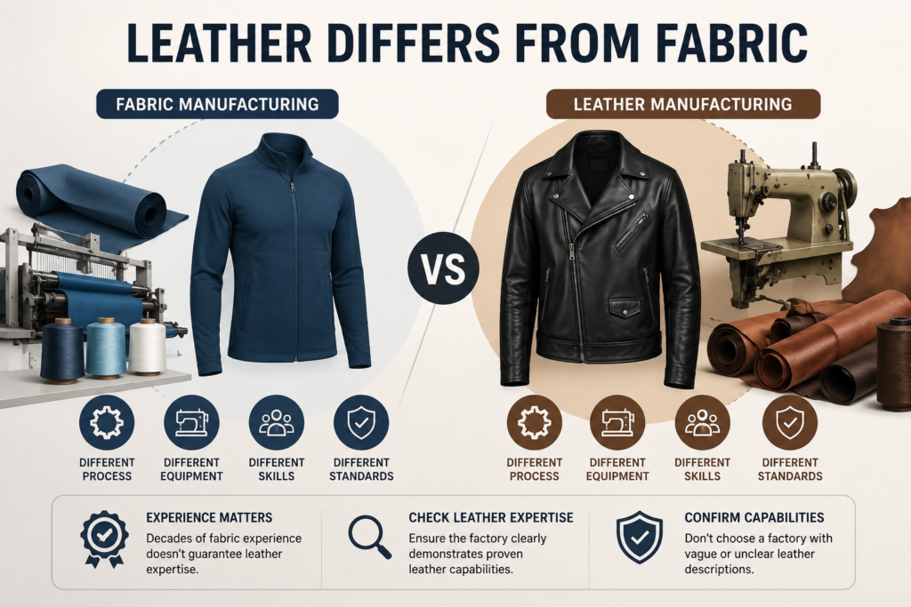Comparison between fabric and leather manufacturing showing different equipment, production methods, stitching skills, and leather jacket construction processes.